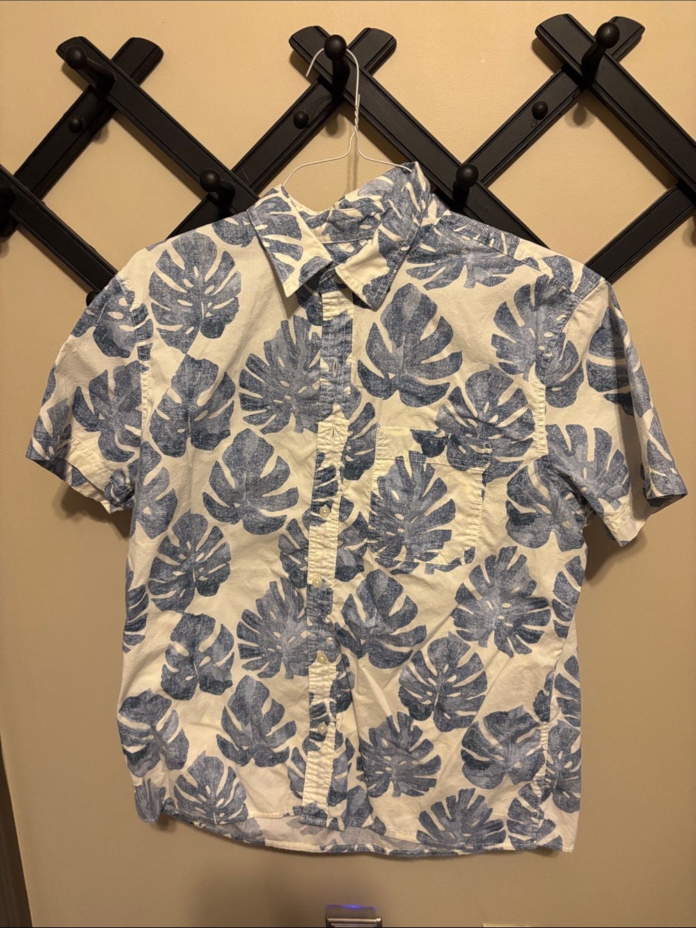 American Eagle Outfitters White Short-Sleeve Shirt with Blue Leaf Print